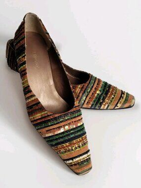 J. Renee Beaded Striped Fabric Pumps Multicolor Brown Pointed Toe Size 10 Heels
